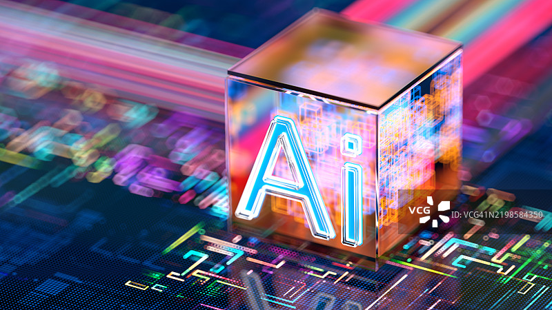 数据立方体上的人工智能文本。机器学习概念。抽象的中央处理器与数据立方体。数字人工智能 - 人工智能概念。图片素材