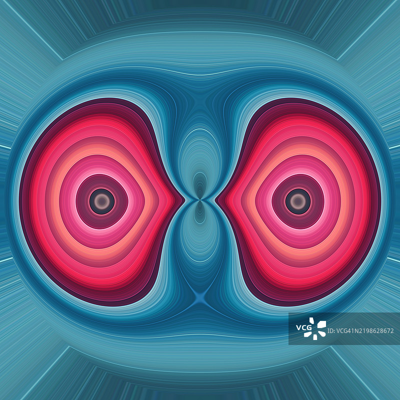 对称的抽象设计，生动的同心图案。引人注目的抽象流体艺术作品，采用大胆的色彩和有机的旋转图案，融合了火红和蓝色，呈现出动态而富有艺术感的视觉效果。图片素材