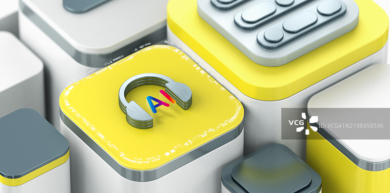 黄色等距背景上的AI音乐和耳机图标。图片素材