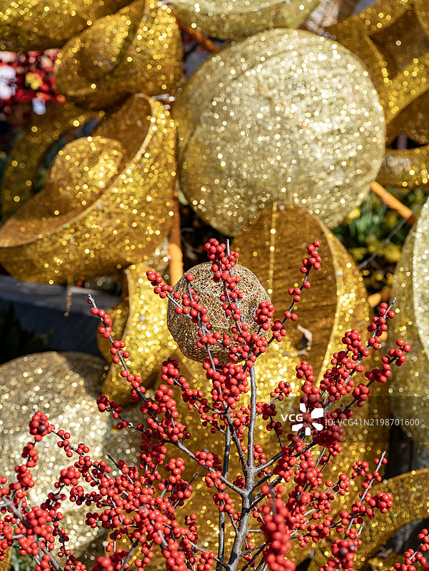 金色装置与红色植物的视觉对比之美图片素材