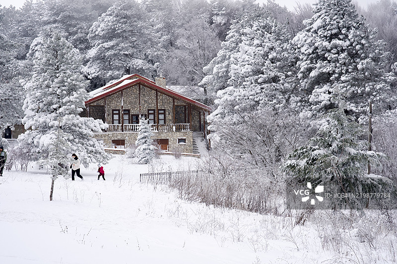 人们在土耳其布尔萨的奥斯曼加齐滑雪，雪地覆盖的场地上。图片素材