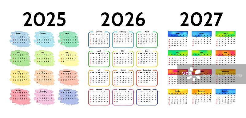 2025年、2026年和2027年的日历套装，背景为白色图片素材