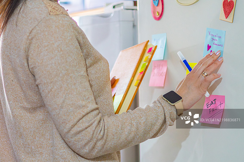 女人在冰箱上用便利贴规划她的一天。提醒便条帮助她全天保持高效和积极。图片素材