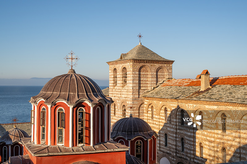 阿索斯山格里戈里乌修道院的拜占庭修道院圆顶图片素材