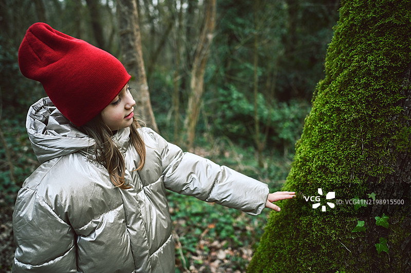 穿着红色帽子的女孩在森林中触摸长满苔藓的树干。图片素材