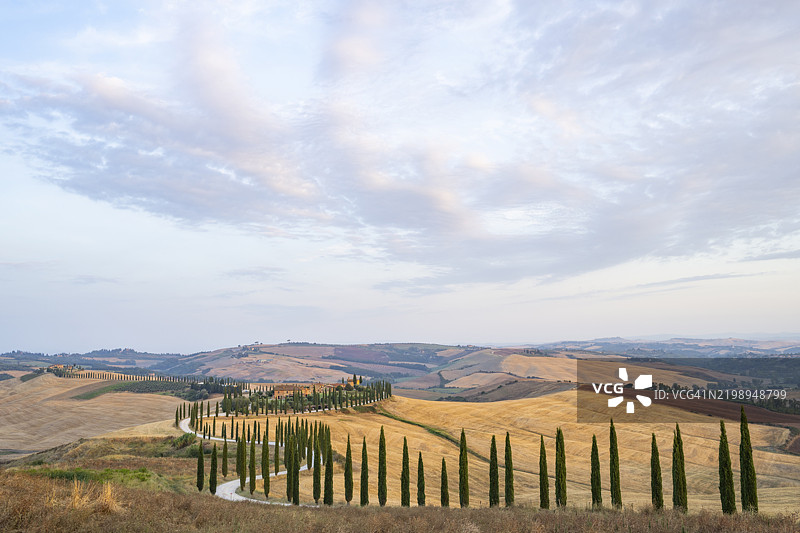 典型的克雷特·塞内西托斯卡纳风景，秋季日出时的山丘、树木、田野、柏树和农田道路，巴科莱诺农业旅游，联合国教科文组织世界遗产，意大利锡耶纳省，托斯卡纳，欧洲图片素材