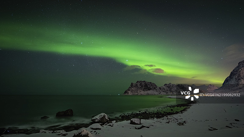 挪威洛福滕群岛乌塔克莱夫雪覆盖的北极海滩上空的北极光（极光）图片素材