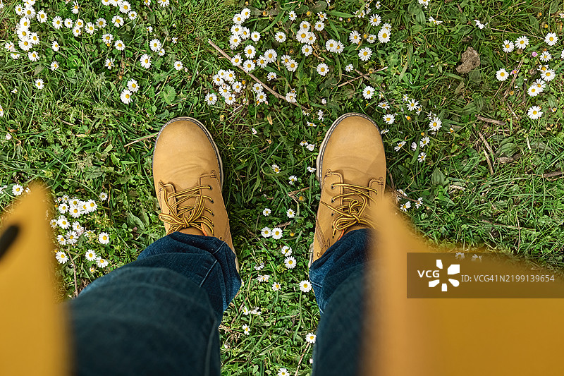 一个不明身份的人穿着黄色登山靴，站在开满白色雏菊花的草地上。俯视角度。图片素材