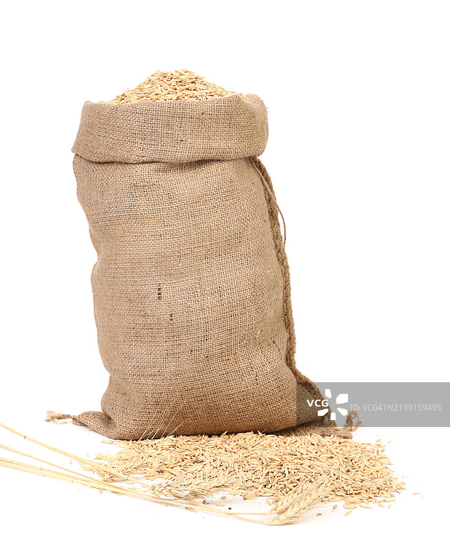 白色背景下装在袋子里的小麦特写图片素材
