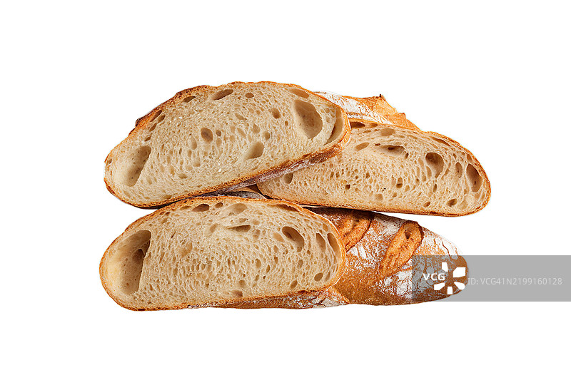 切片法式长棍面包，孤立在白色背景上图片素材
