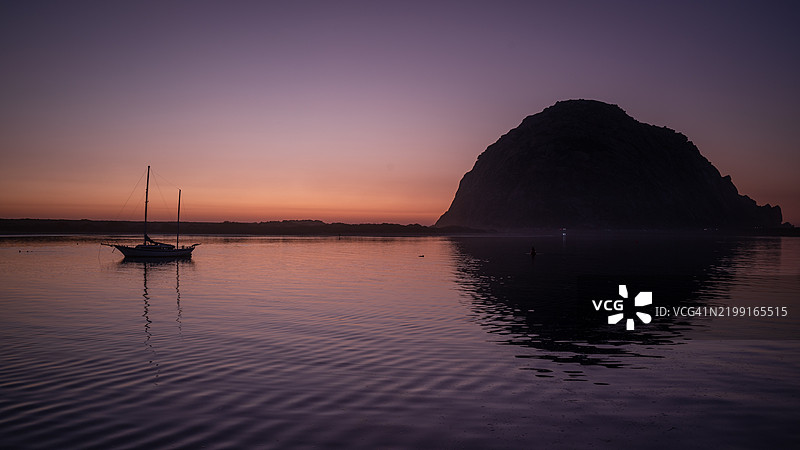 日落时分，加州莫罗湾海面上的帆船剪影与天空相映。图片素材