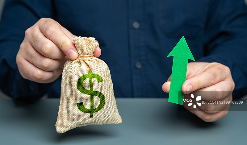 男人手持美元钱袋，绿色箭头指向上方，概念为利润和收入的增加、薪资和福利的提升、更大的预算、财务资源的增长以及货币供应的增长。图片素材