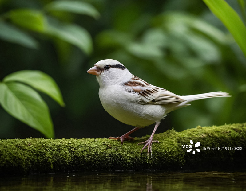 一只美丽的白色麻雀栖息在丛林中一棵树的树枝上，旁边是一条河流，位于美国。图片素材