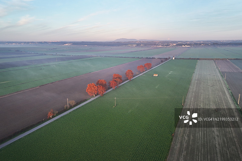 雾气弥漫的日出晨景无人机视角图片素材