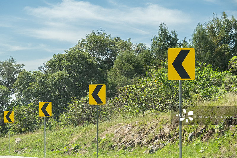 显示从墨西哥城到特波茨兰的道路上急转弯的路标图片素材