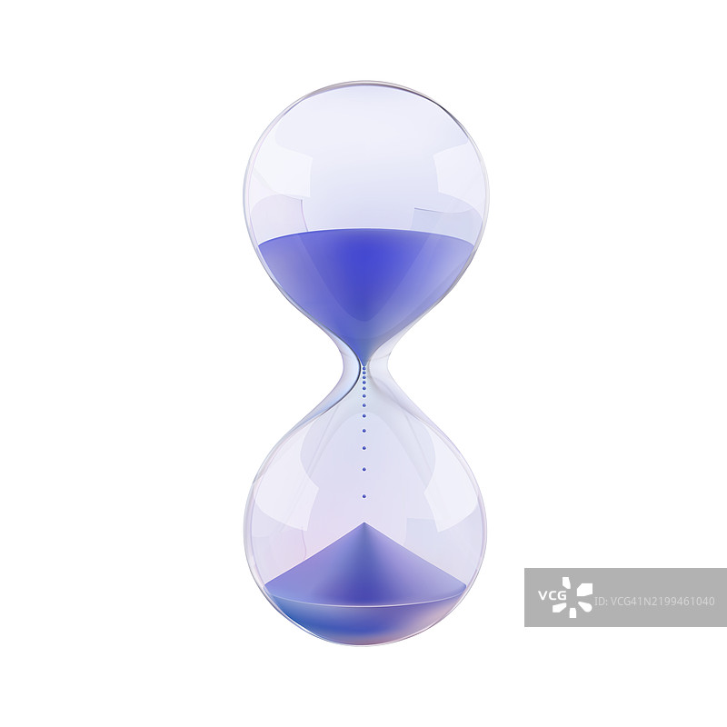 沙漏3D时间预算概念。蓝色沙子在水晶玻璃球中计时小时、分钟和秒。销售促销向量计时器倒计时。存款税款支付提醒。闹钟不要错过购物游戏图标。图片素材