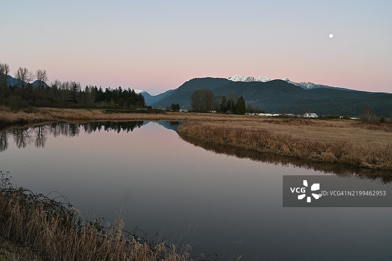 日落时分，清澈天空下的湖泊美景，加拿大不列颠哥伦比亚省图片素材