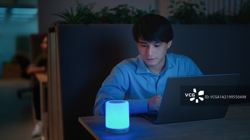 多元化的商人在夜间的可持续办公室中使用人工智能智能音箱图片素材