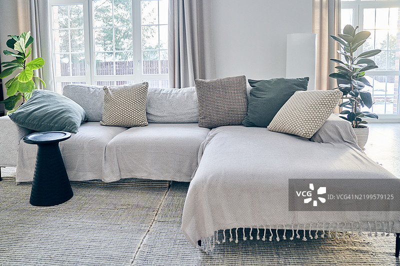 现代客厅的室内设计，配有盆栽植物和留白空间。图片素材