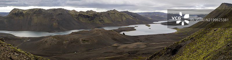 兰吉斯约湖，高地，背景是瓦特纳冰川的冰缘，全景，冰岛，欧洲图片素材