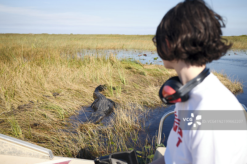 戴着耳罩的女性在船上观察佛罗里达州埃弗格雷德斯湿地地区的鳄鱼图片素材