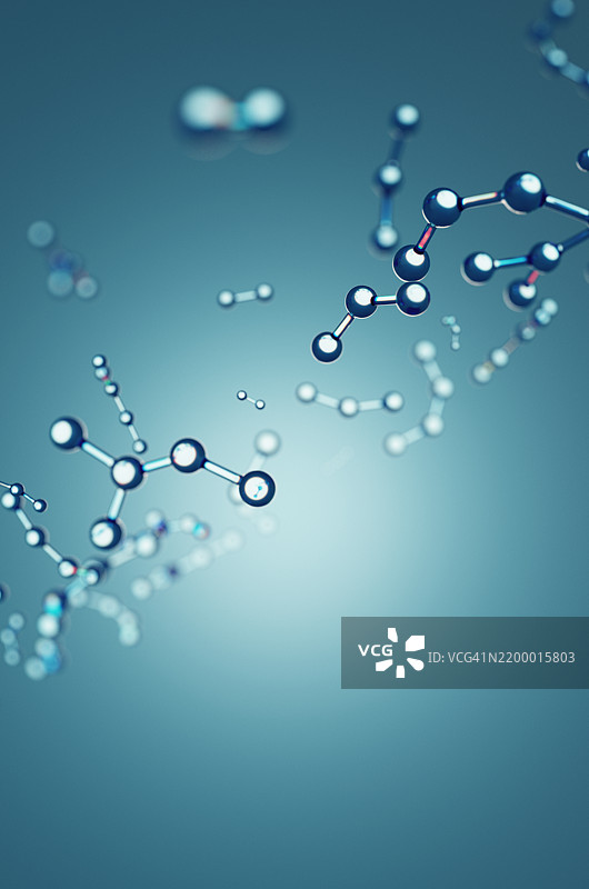 一群透明分子在蓝色背景上聚集。图片素材