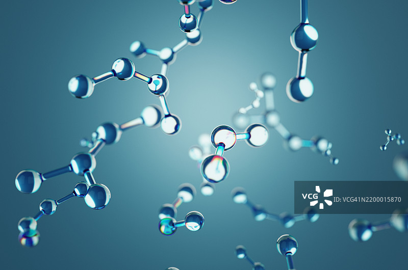 蓝色背景上的分子键全景图。图片素材