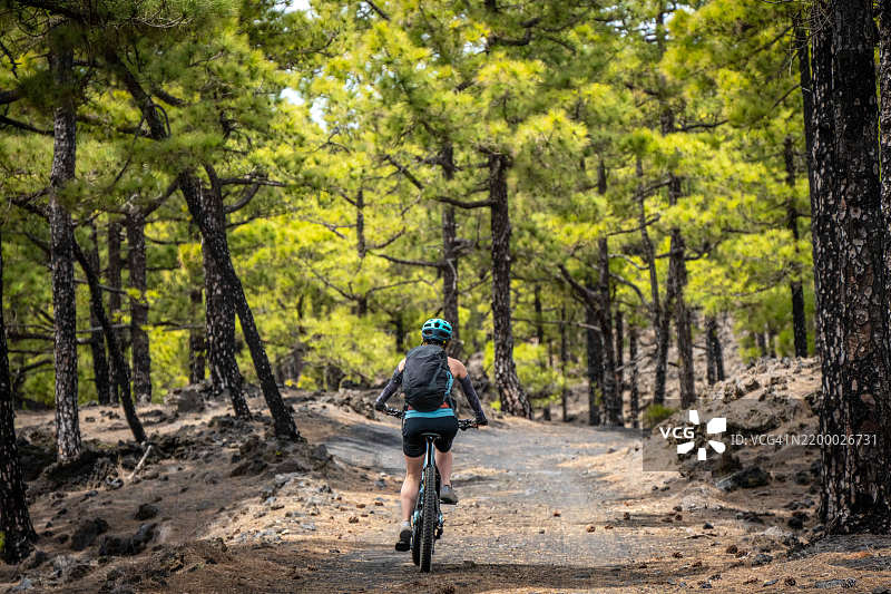 在西班牙加那利群岛拉帕尔马岛的森林中骑自行车的女性图片素材