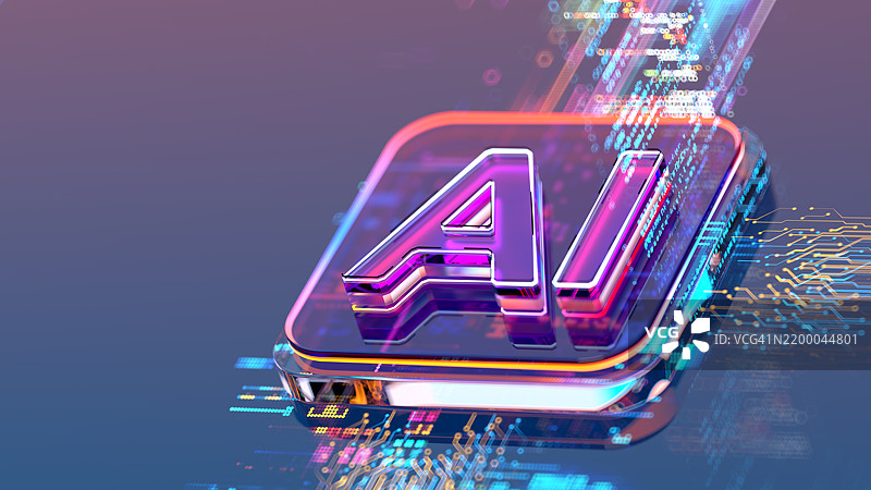 人工智能数字文本标志在中央处理器上，人工智能 - 创新与新技术。机器学习概念。图片素材