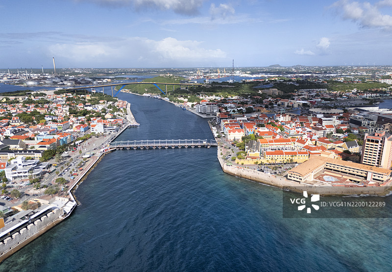 库拉索威廉斯塔德的空中视角，艾玛女王桥图片素材