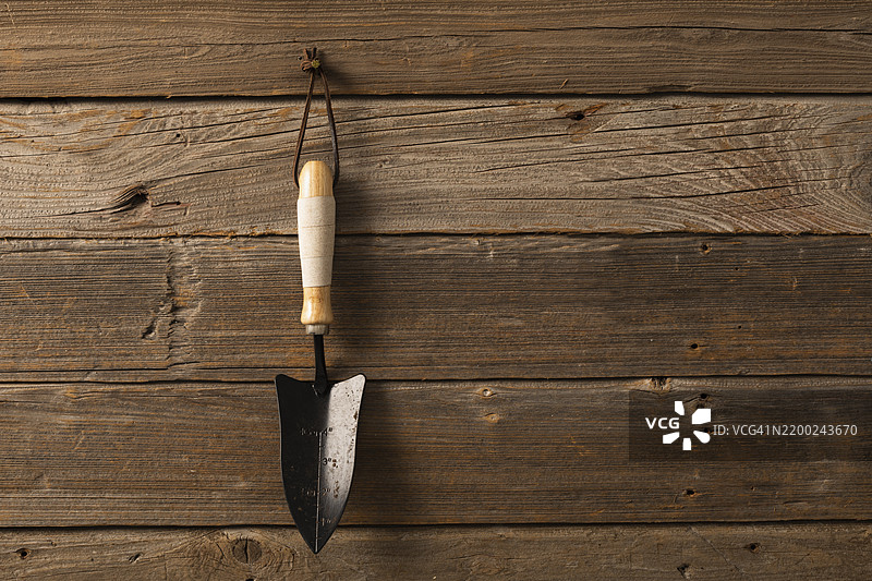 在乡村环境中挂在木墙上的园艺工具，展示了简单和实用性。图片素材