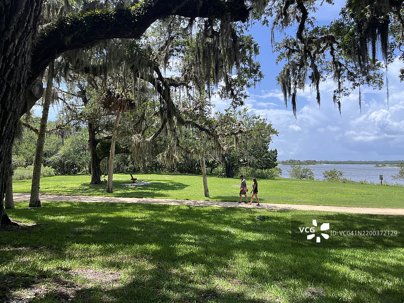 父亲和女儿在佛罗里达公园的小路上交谈。小路两旁种满了棕榈树和活橡树，穿过公园。马坦萨斯河，内陆水道。图片素材