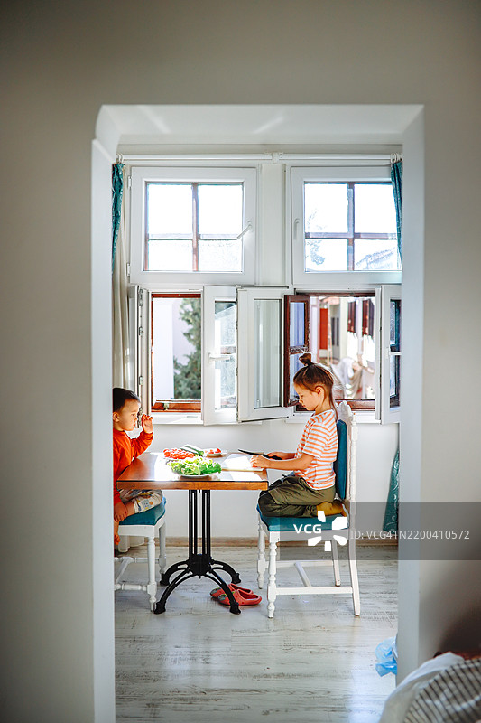 兄弟姐妹在阳光和温暖的包围下，一起在桌子上准备健康的沙拉。图片素材