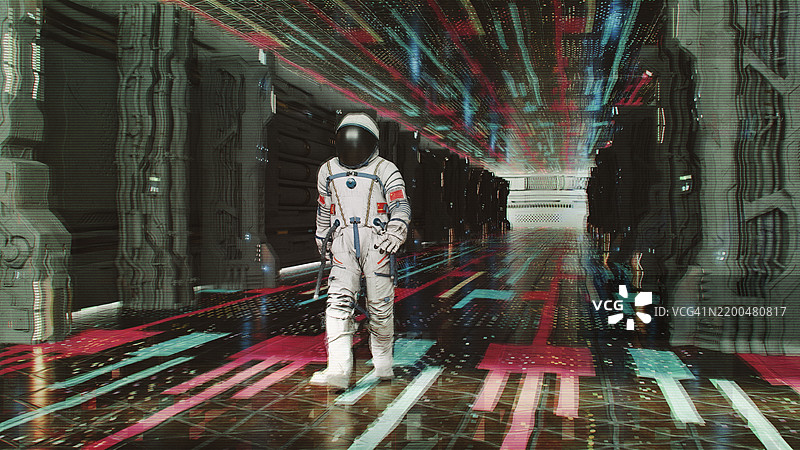 中国宇航员在未来主义走廊中行走图片素材