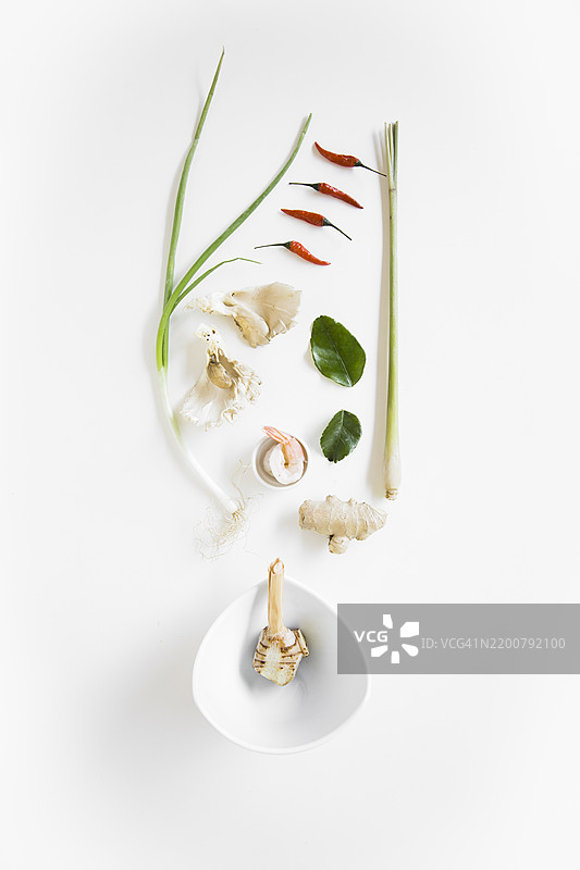 新鲜的泰国香草和香料排列在白色背景上，包括香茅、南姜、青柠叶、辣椒、大蒜和青葱，是正宗泰国菜和传统烹饪的必备材料。图片素材