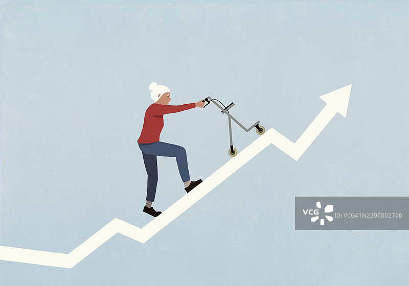 使用助行器的老年女性攀登上升的图表箭头图片素材
