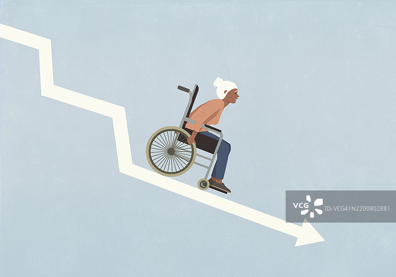 坐在轮椅上的老年女性快速下滑，伴随下降的箭头图表图片素材