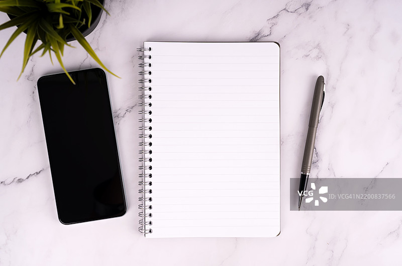 智能手机、笔记本、钢笔和盆栽的俯视图图片素材