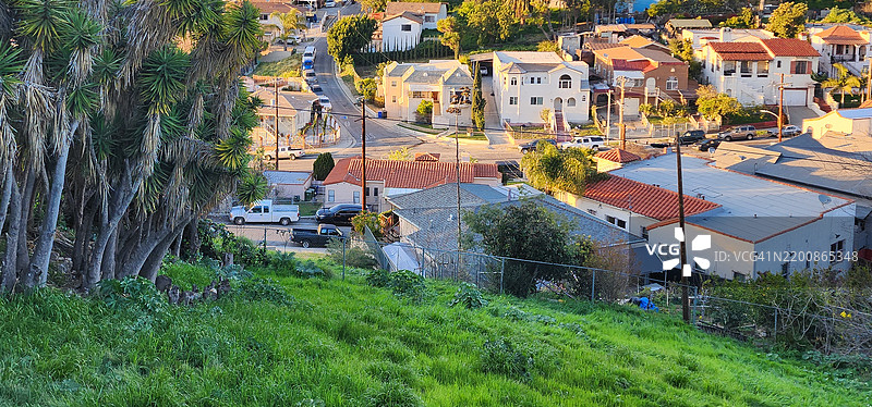 从草坡上俯瞰洛杉矶的西班牙殖民建筑风格房屋街道图片素材