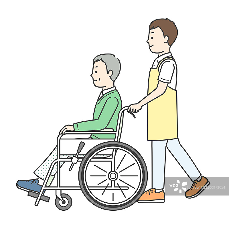 一幅侧面插图，描绘了一位坐在轮椅上的老人和一位年轻人在帮助他。图片素材