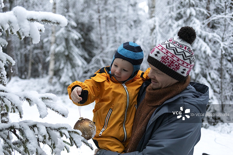 父亲和儿子在森林里挂装饰球在树上图片素材