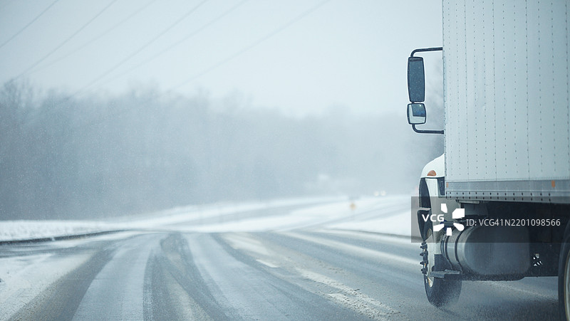 雪暴中的半挂卡车行驶在道路上图片素材