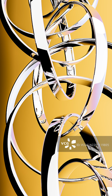 黄色背景上交错的金属环的抽象3D渲染图图片素材