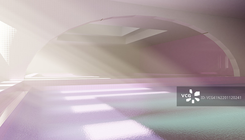 阳光照射下的现代室内游泳池，带拱门的3D渲染图图片素材