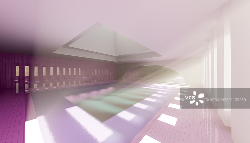 现代泳池室内的3D渲染，阳光明媚，设计抽象。图片素材