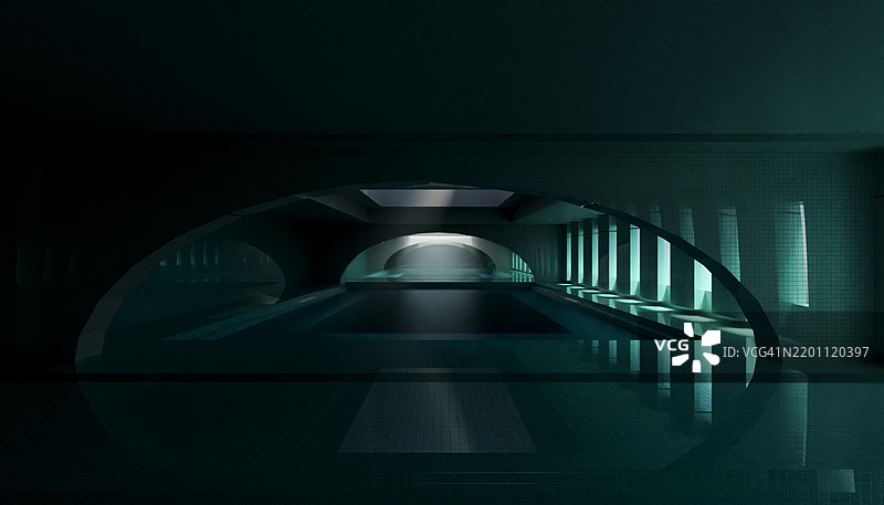 未来派室内游泳池，现代设计与灯光图片素材