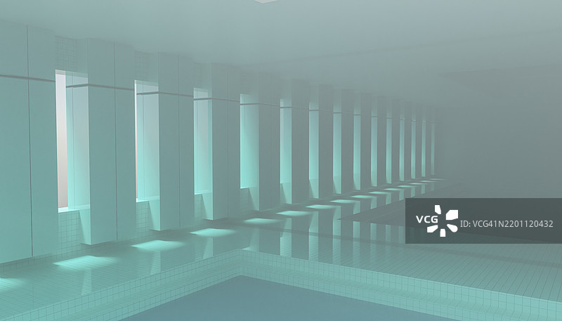 现代室内游泳池的3D渲染，水面反射效果显著图片素材