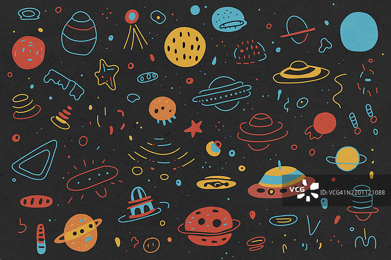 五彩缤纷的太空涂鸦散落在黑色背景上，形成一个奇幻的设计图片素材
