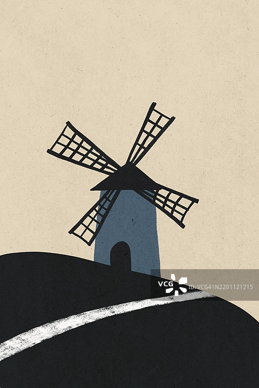 简约风格的蓝色风车插图，位于山丘上，旁边有一条蜿蜒的小路。图片素材