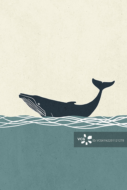 极简风格的插图，描绘一只大鲸鱼在风格化的海洋中游泳，留有空白区域。图片素材